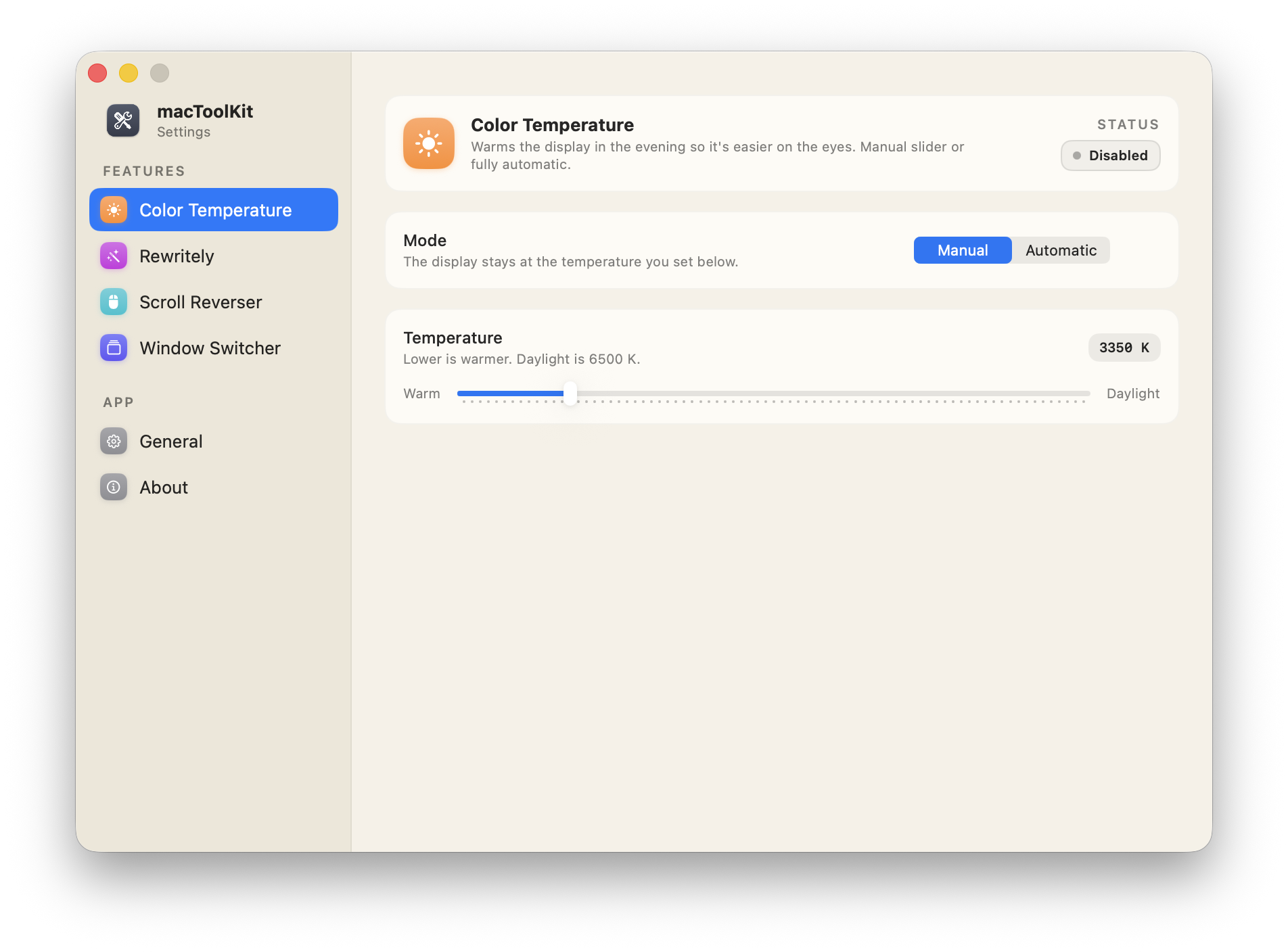 macToolKit Color Temperature settings: kelvin slider and sunset-to-sunrise auto mode