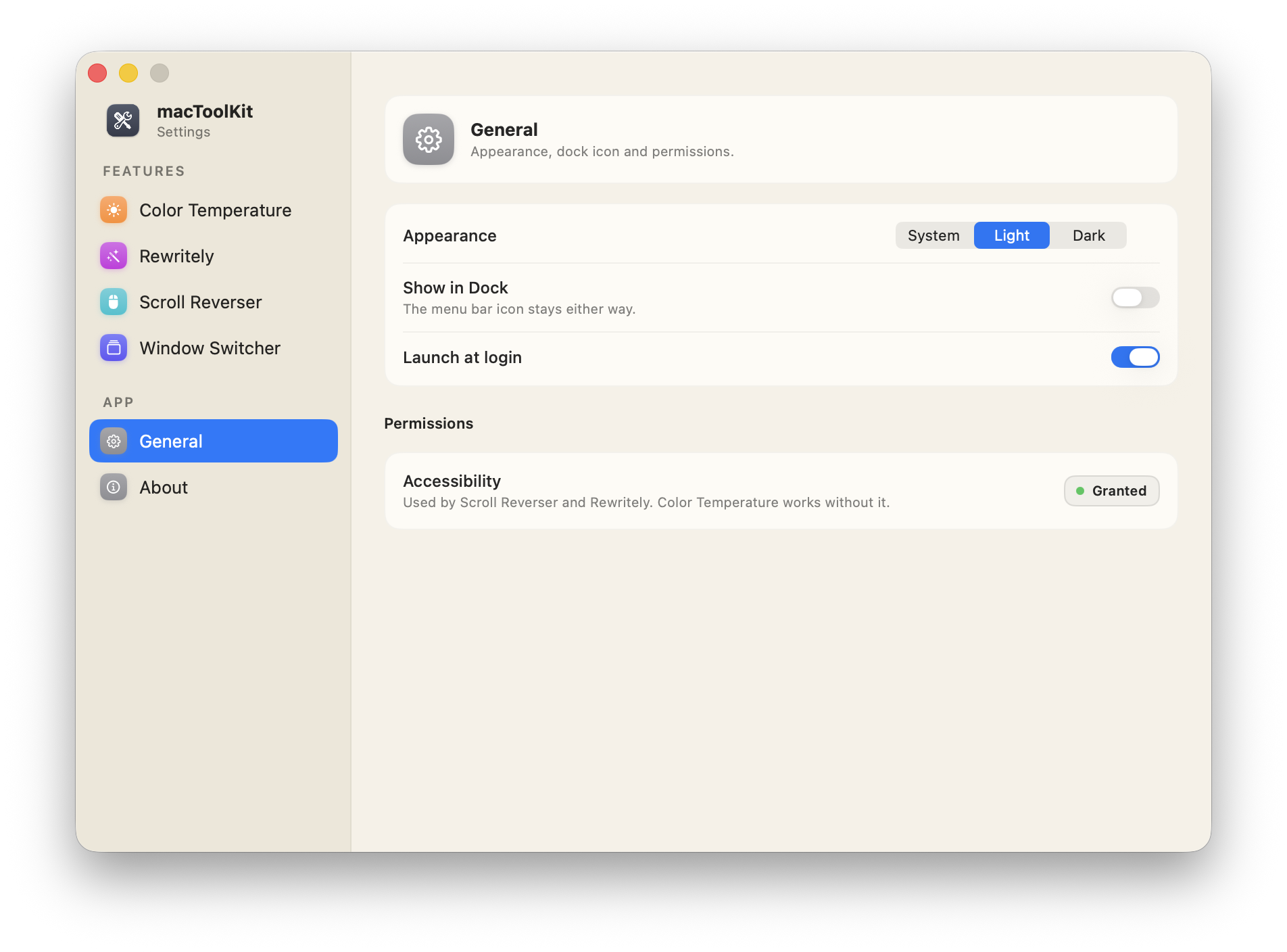 macToolKit General settings: appearance, show in dock, and launch at login