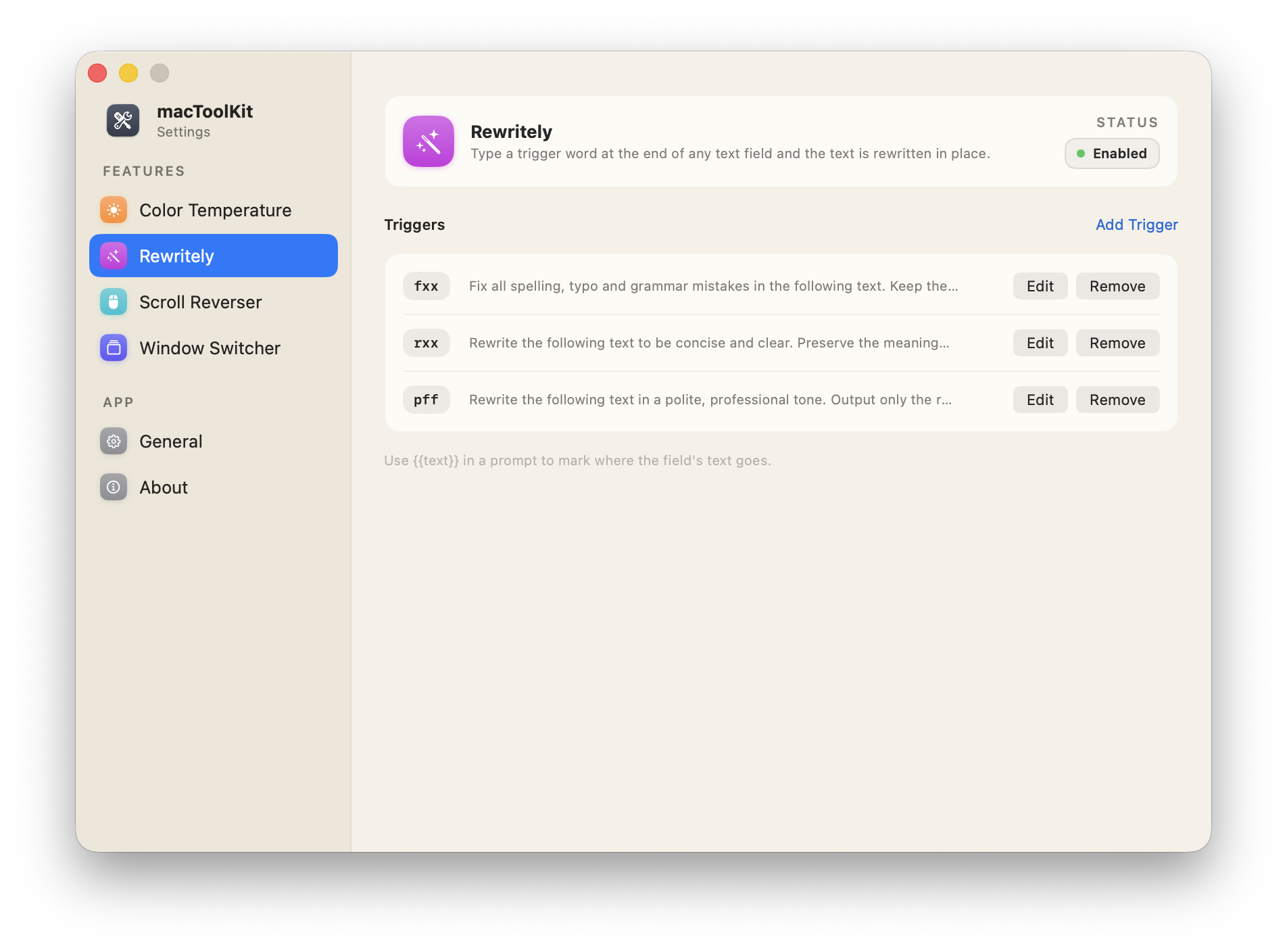 macToolKit Rewritely settings: trigger words with editable prompts, powered by on-device Apple Intelligence