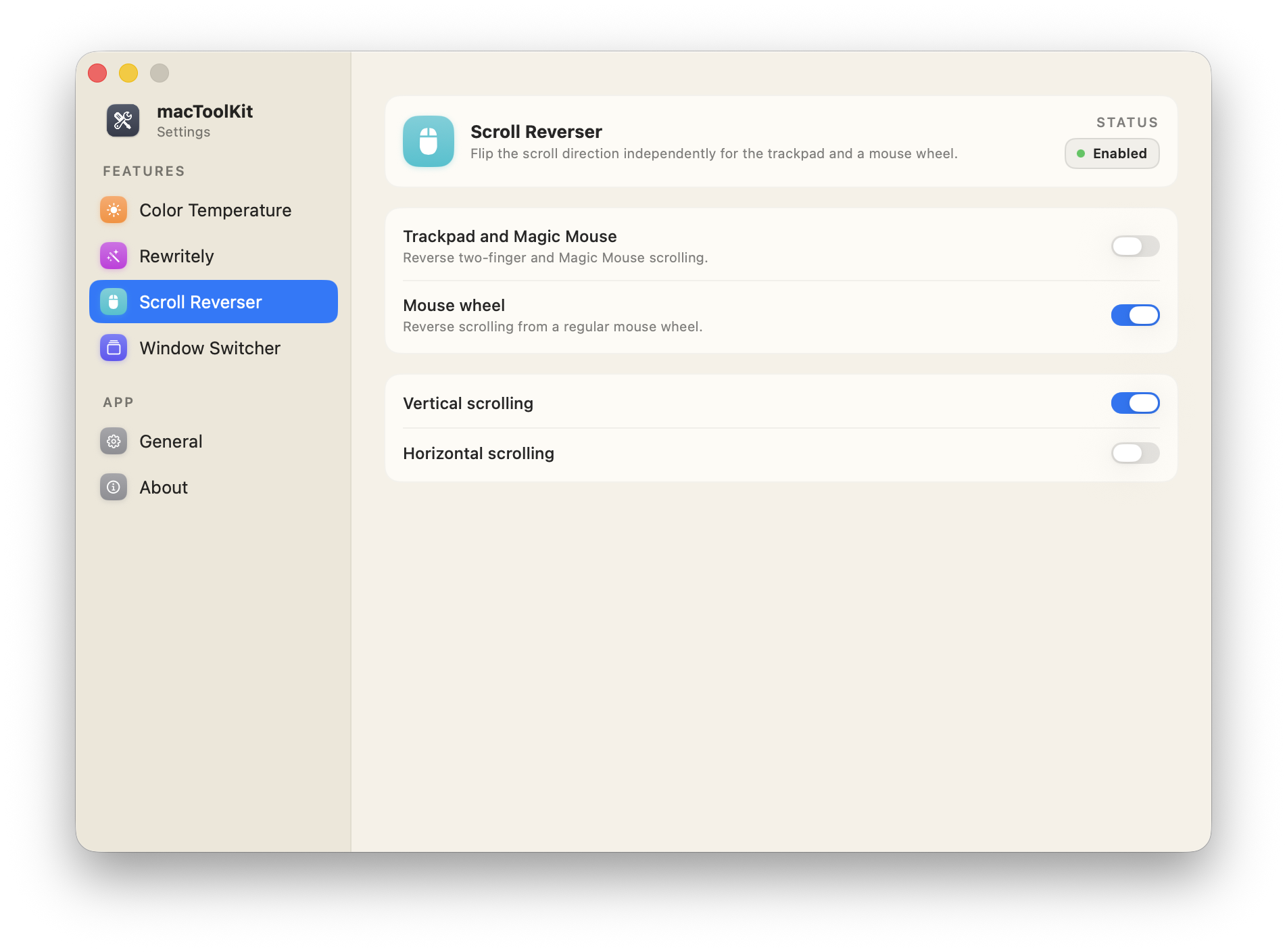 macToolKit Scroll Reverser settings: independent toggles for trackpad, mouse, vertical and horizontal