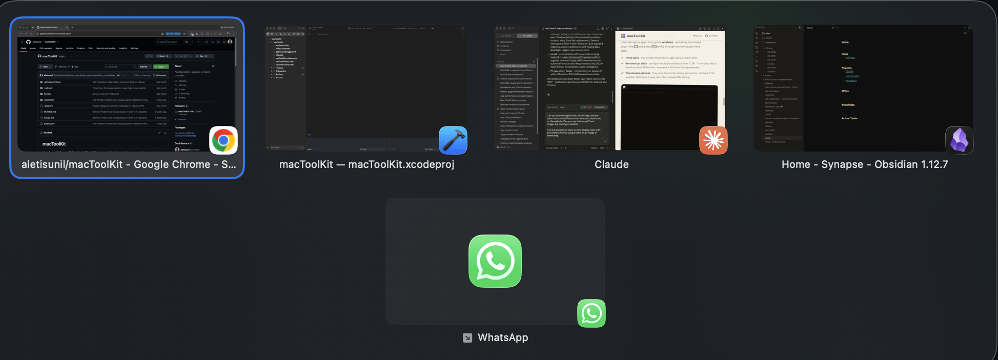 The Window Switcher overlay in action: live thumbnails of every open window, including minimized ones