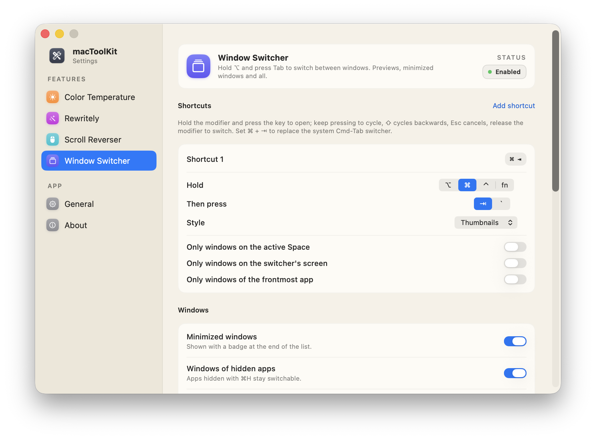 macToolKit Window Switcher settings: shortcut slots, appearance choices of thumbnails, app icons or titles
